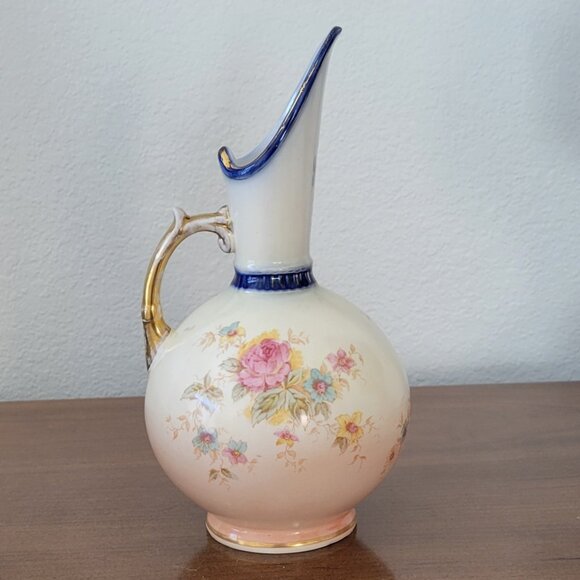 Antique Floral Porcelain Pitcher Vase | Jersey Pottery England | Gilt Handle - Picture 2 of 12